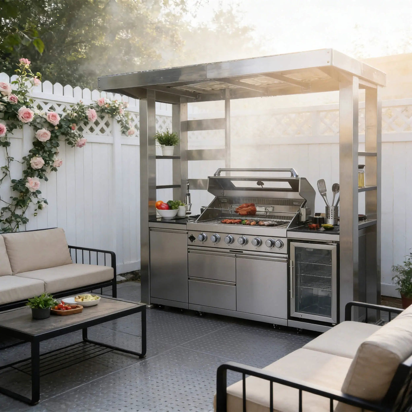 Castelle Flame Astoria 94-Inch 6-Burner 85K BTU Outdoor Kitchen Grill Island With Wine Cooler, Rotisserie, Cabinets, And Granite Countertops (SAK68014) by SAKSBY WHOLESALE