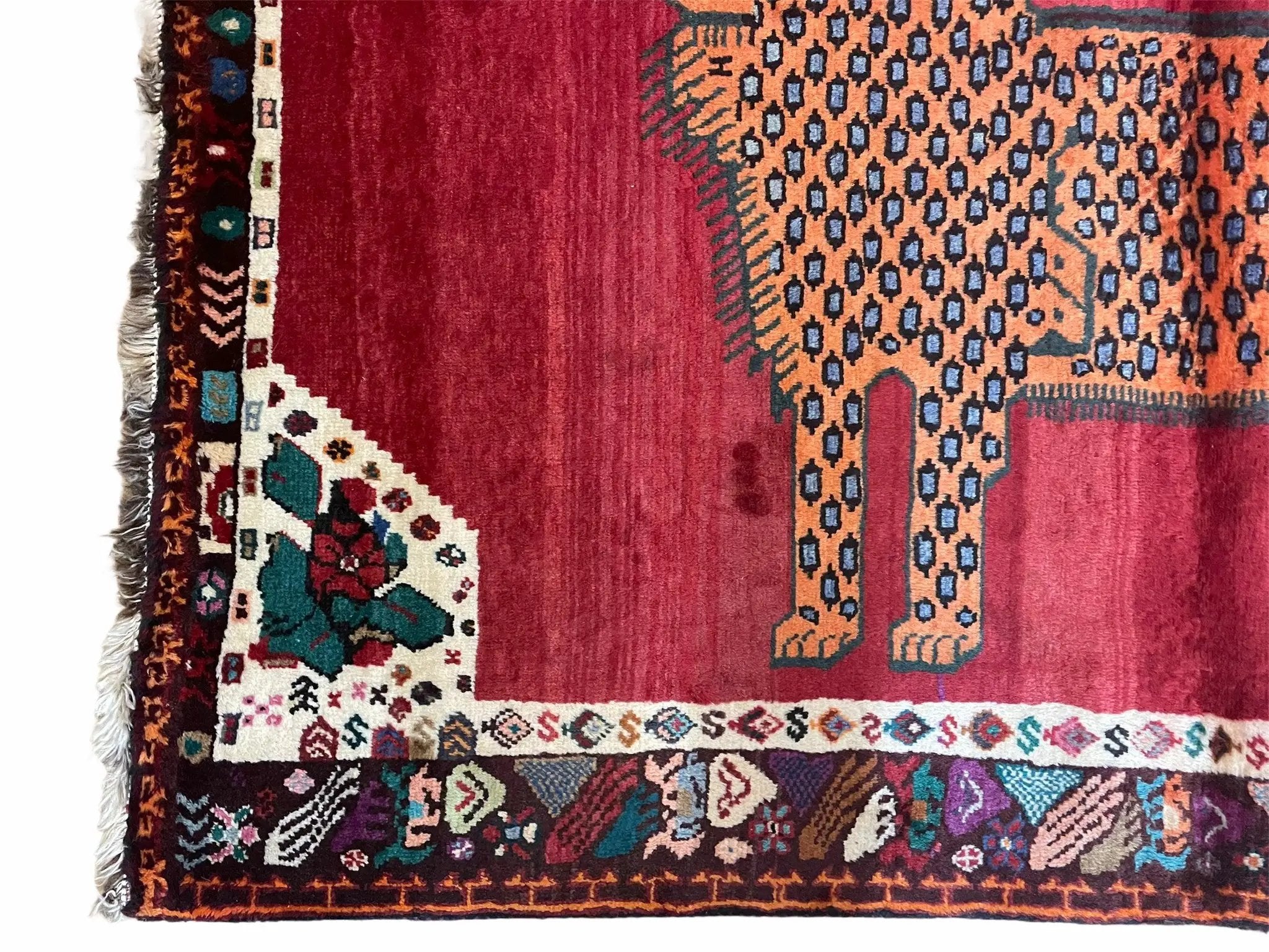 Antique Persian Gabbeh Wool Rug 4x5, Lion Pictorial Rug, Red Orange Black, Hand Knotted Handmade Vintage Gabbeh Carpet 4 x 5 ft, Tribal Rug by Jewel Rugs