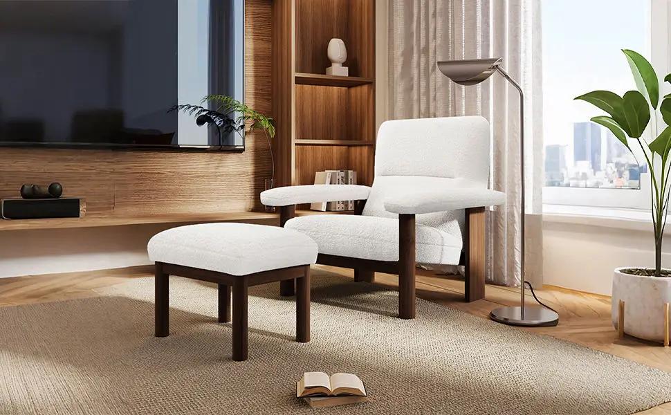 Modern Accent Chair With Ottoman, Mid Century Lounge Chair With Footrest, Comfy Fabric Armchair Upholstered Set With Solid Wood Frame For Living Room - White by HouseOfZazla