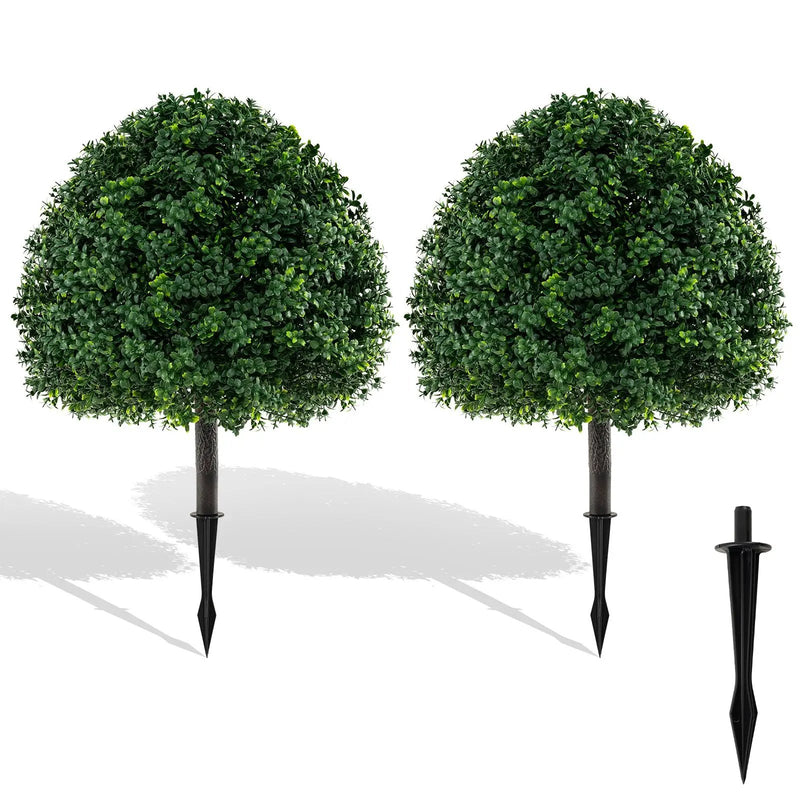 28 Inches Artificial Boxwood Topiary Ball Tree Set of 2 with Ground Spike-Green by DirectDeals