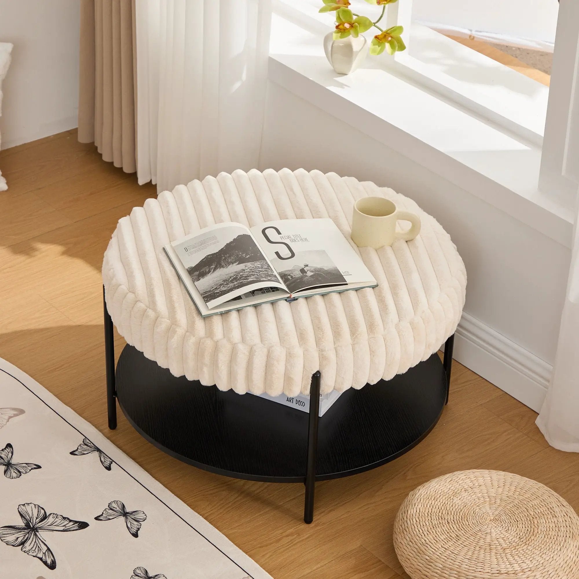 Modern Upholstered Round Ottoman Coffee Table With Storage Shelf by Unique Piece Furniture