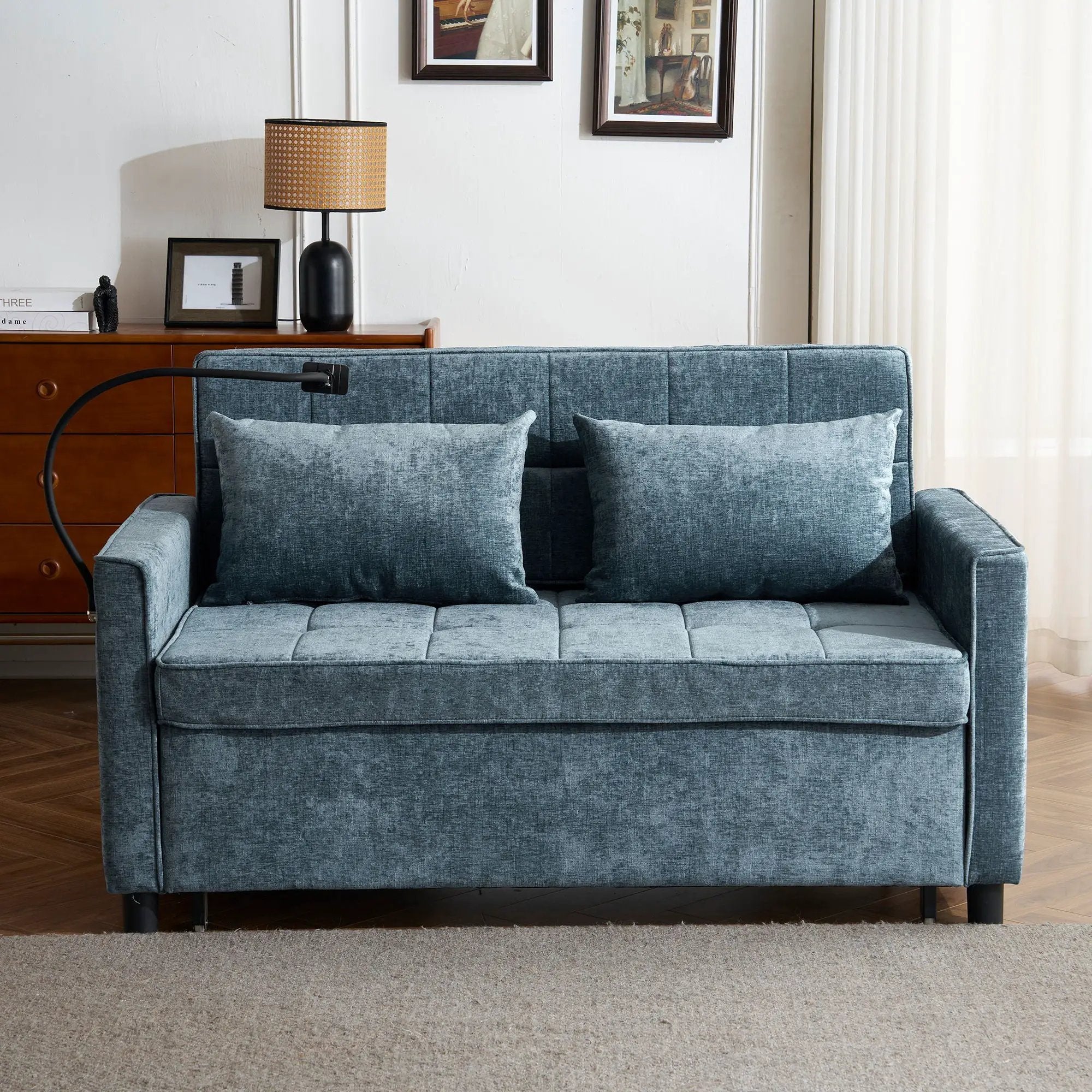Pull-Out Sleeper Sofa With Reversible Backrest Cushion, Side Pockets, 2 USB Ports And A Phone Holder For Living Room by HouseOfZazla