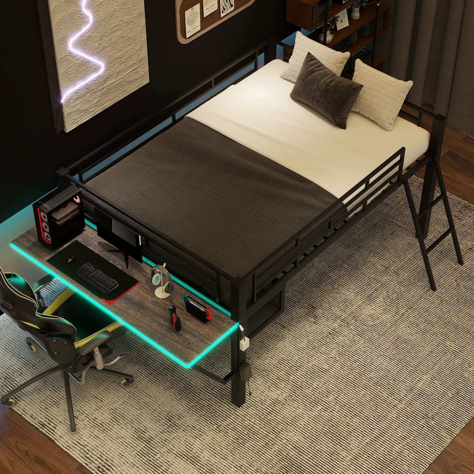 Gaming - Full Size Loft Bed With Desk, LED - Black by HouseOfZazla