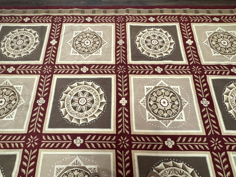 Needlepoint Rug 9x12, Panel Design, Burgundy Taupe, Elegant by Jewel Rugs