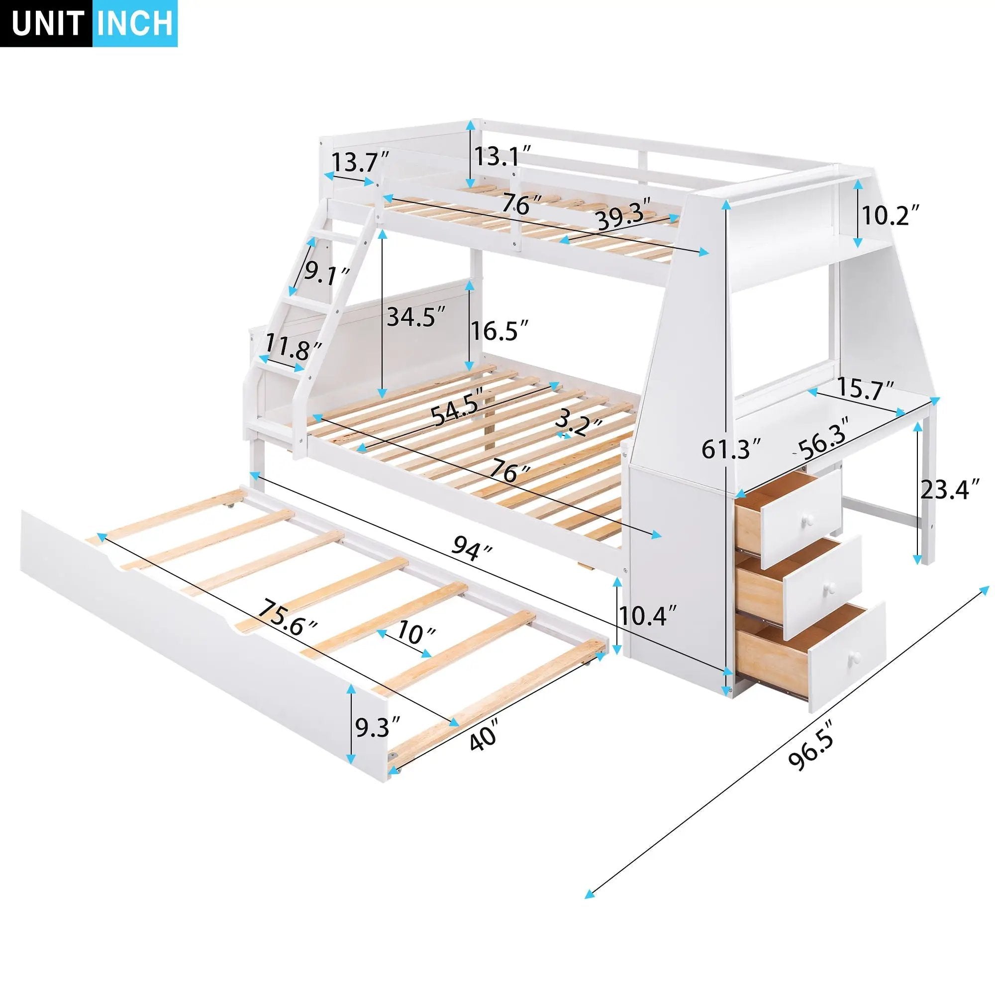 Bunk Bed With Trundle And Built In Desk, 3 Storage Drawers And Shelf by HouseOfZazla