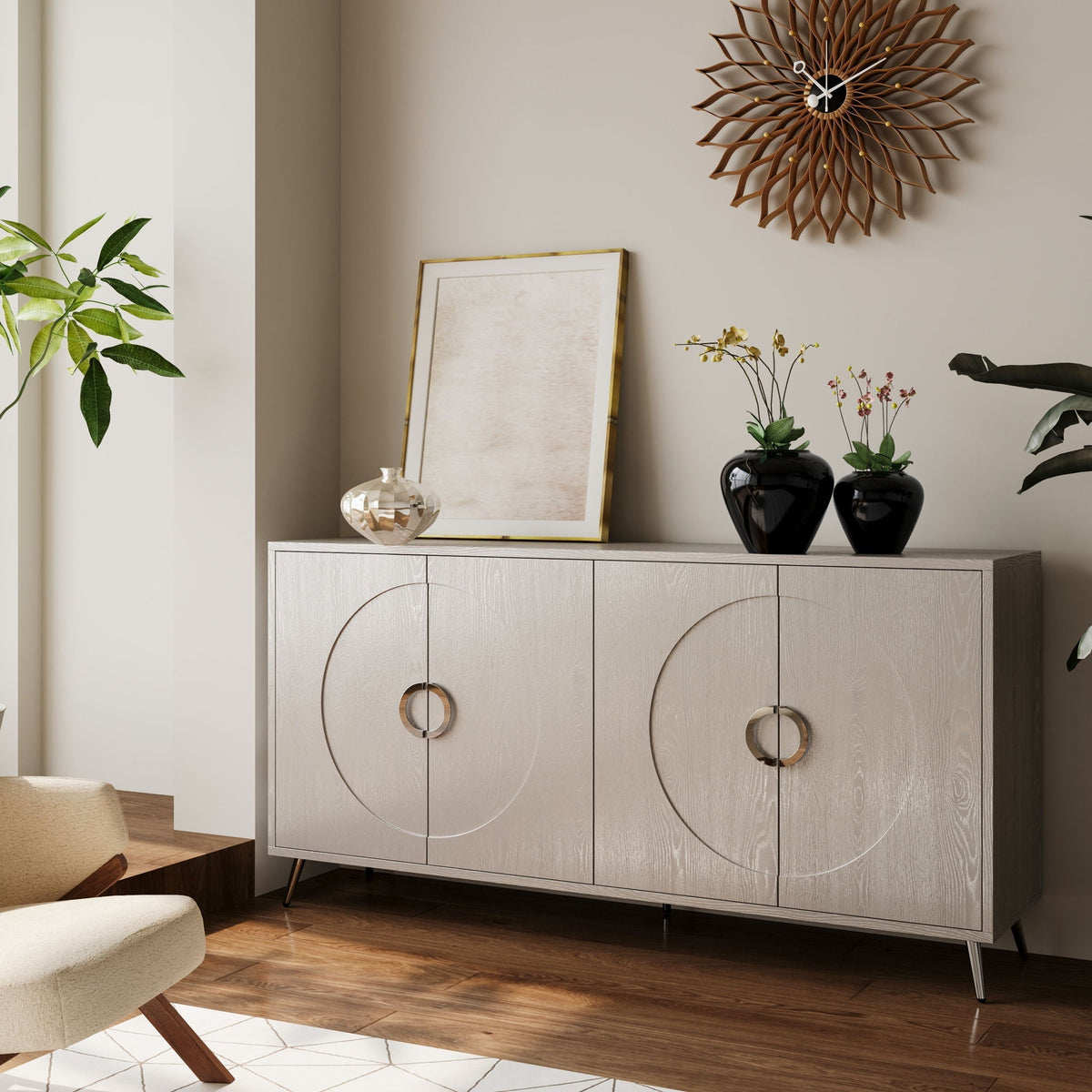Modern Lacquered 4 Door Wooden Sideboard with Adjustable Shelves - Pearl Silver, Blue, Black, photo 7 of 12