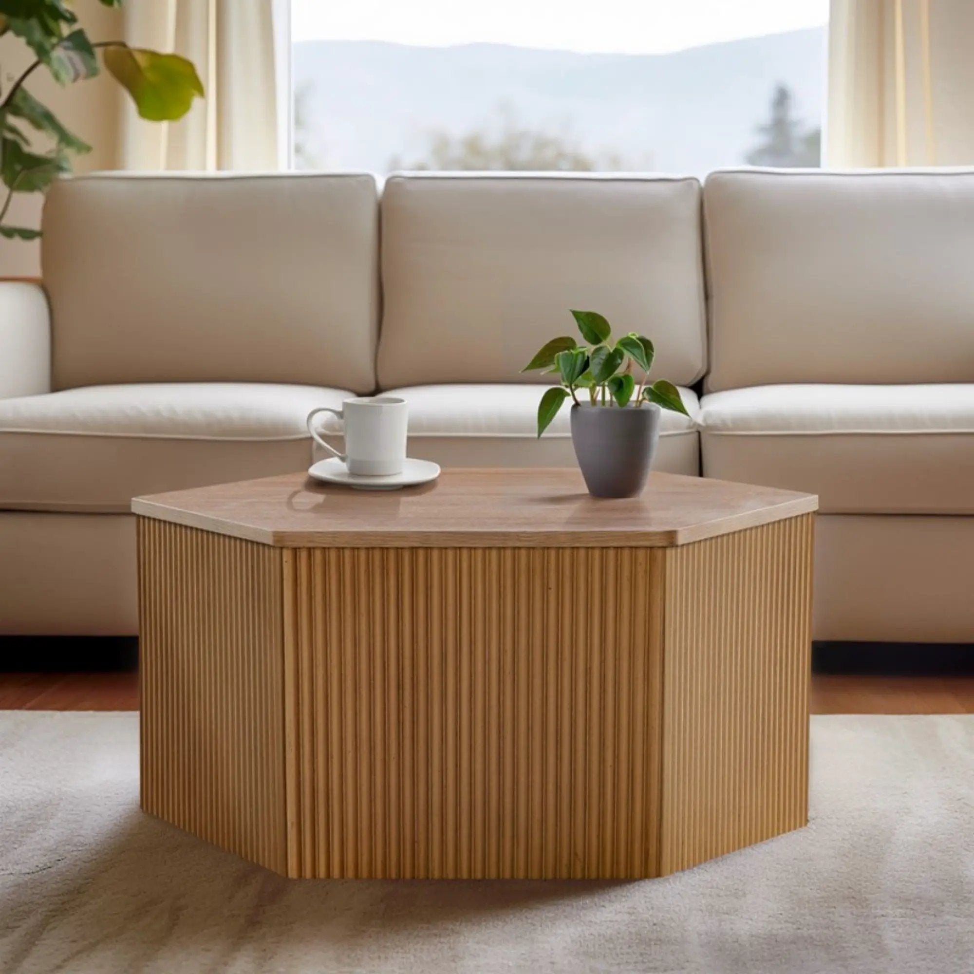 Hexagon Coffee Table With Fluted Design - Natural by Unique Piece Furniture