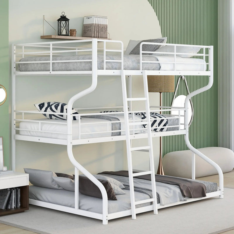 Industrial Triple Bunk Bed With Dual Ladders Frame, Space Saving Design by Unique Piece Furniture