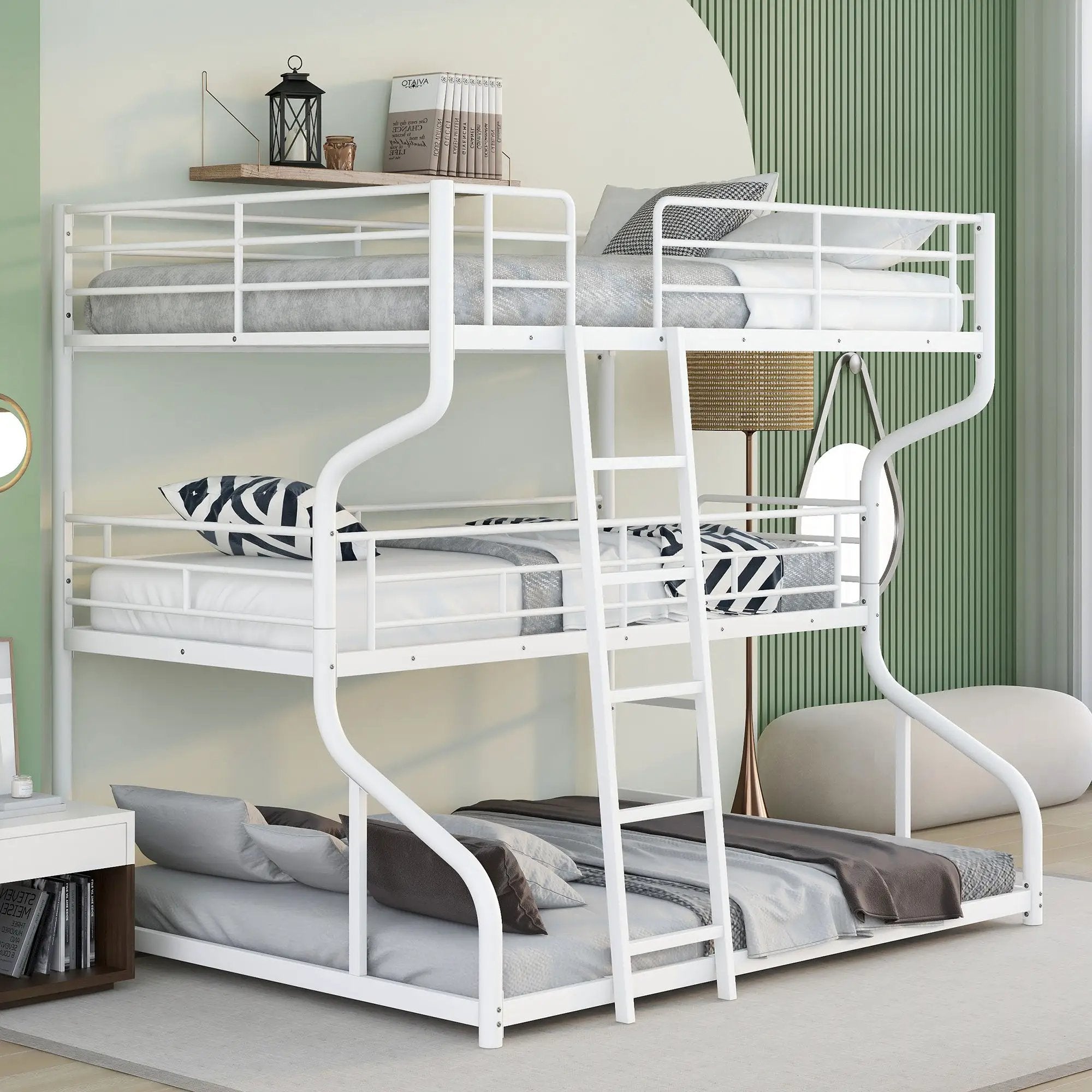 Industrial Triple Bunk Bed With Dual Ladders Frame, Space Saving Design by HouseOfZazla