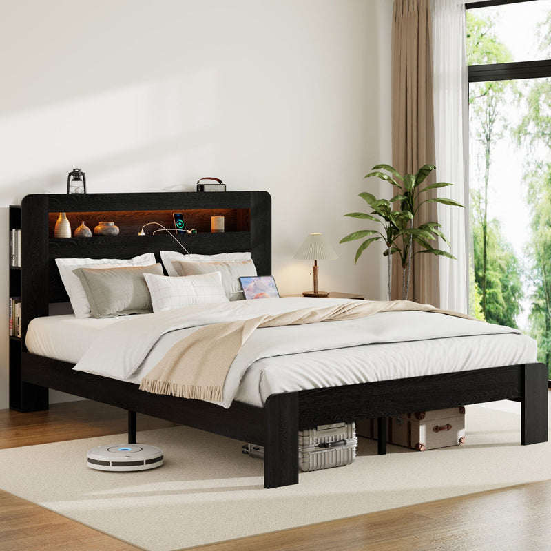 Wood Platform Bed Frame With Storage LED Light Headboard & USB by HouseOfZazla