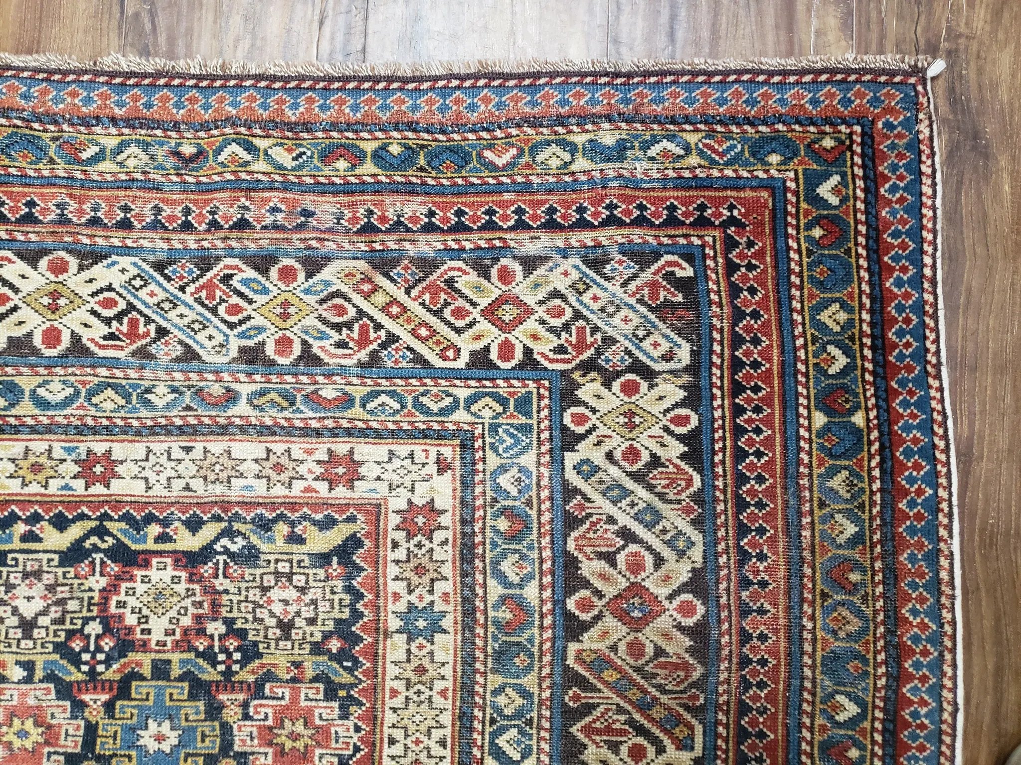 Caucasian Rug 3'9" x 5'7", Antique 1920s Collectible Caucasian Chi Chi Carpet, Hand Knotted, Colorful, Dark Blue Cream Red, Wool, Small Rug by Jewel Rugs