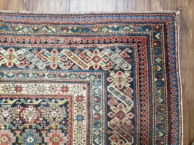Caucasian Rug 3'9" x 5'7", Antique 1920s Collectible Caucasian Chi Chi Carpet, Hand Knotted, Colorful, Dark Blue Cream Red, Wool, Small Rug by Jewel Rugs