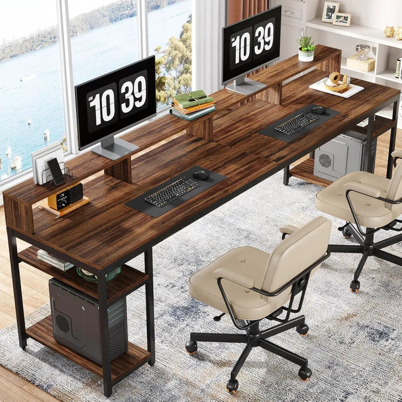 2 Person Desk With Monitor Stand, Long Office Workstation With Dual Storage Shelves And Frame - Brown / Black by HouseOfZazla