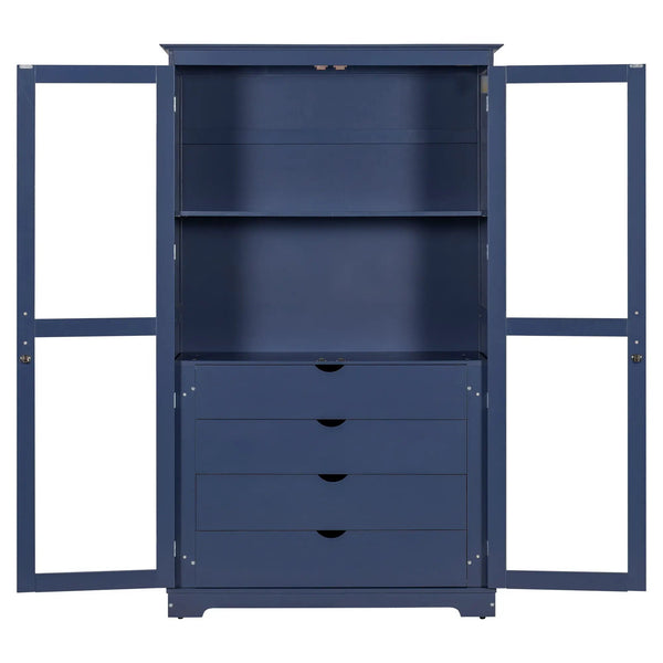 Kitchen Pantry, Freestanding Kitchen Storage Cabinet Display Cabinet With Glass Doors And 4 Built In Drawers For Living Room, Home Office - Blue