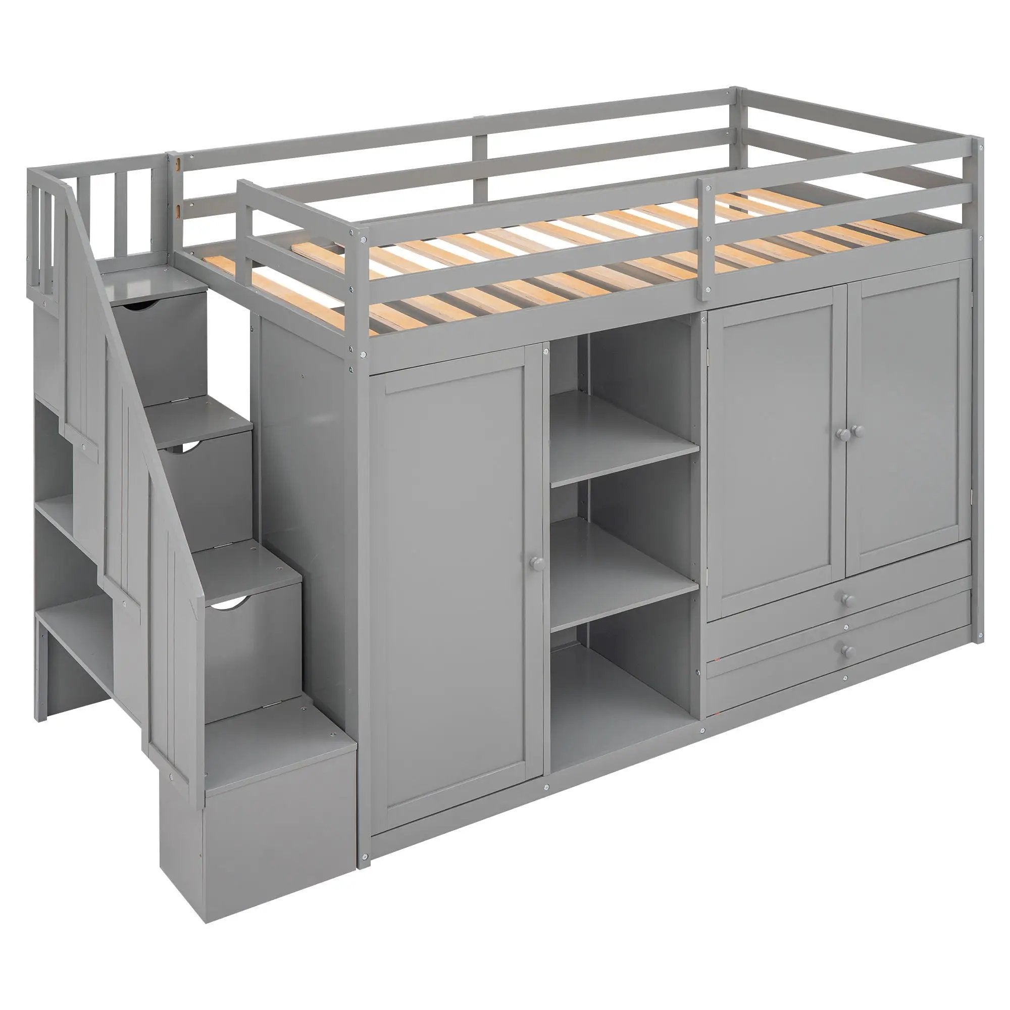 Loft Bed With 3 Shelves, 2 Wardrobes, 2 Drawers, Ladder Storage by HouseOfZazla