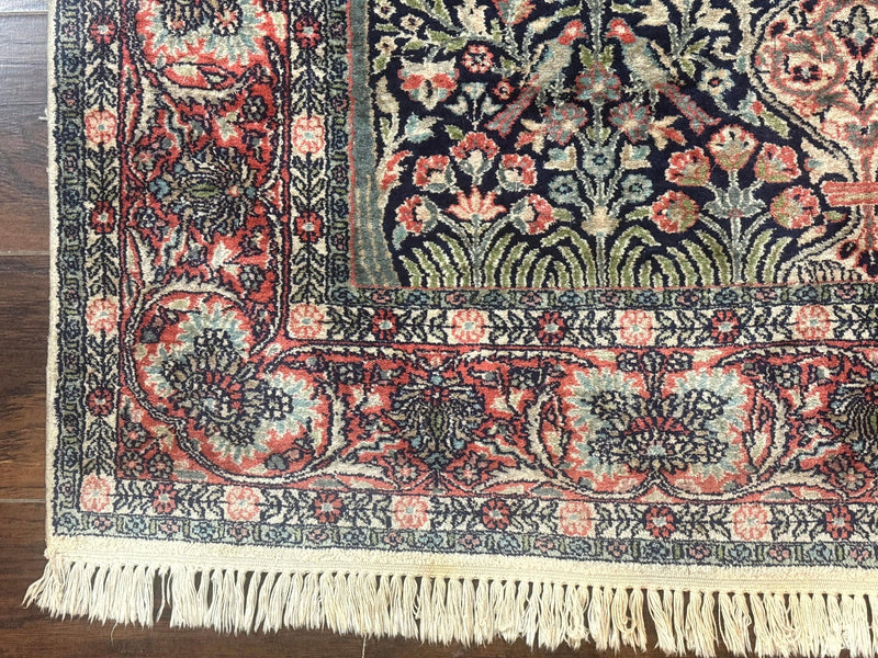 Silk Indian Kashmiri Rug 4x6, Tree of Life Pattern, Birds, Fine 290 KPSI, Navy Blue and Red, Handmade Oriental Carpet by Jewel Rugs