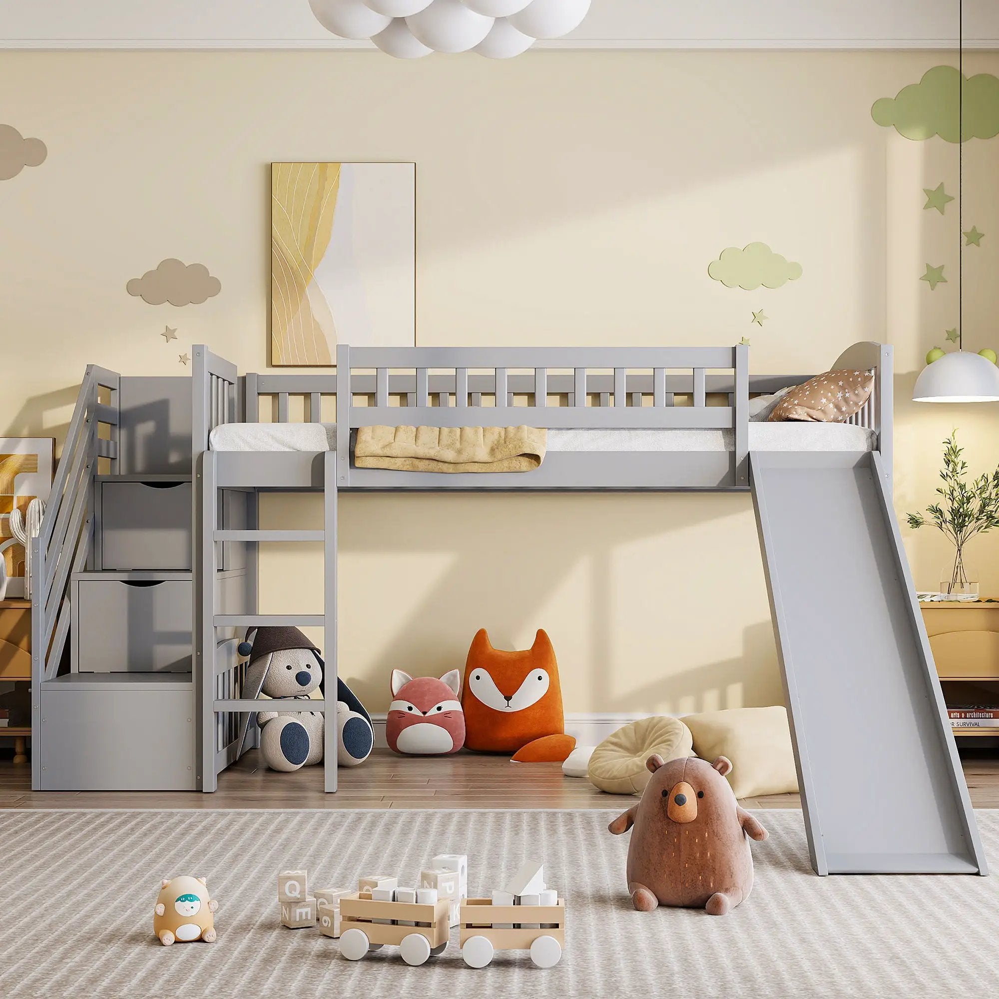 Loft Stairway Bed With 2 Drawers, Convertible Ladder And Slide by Unique Piece Furniture