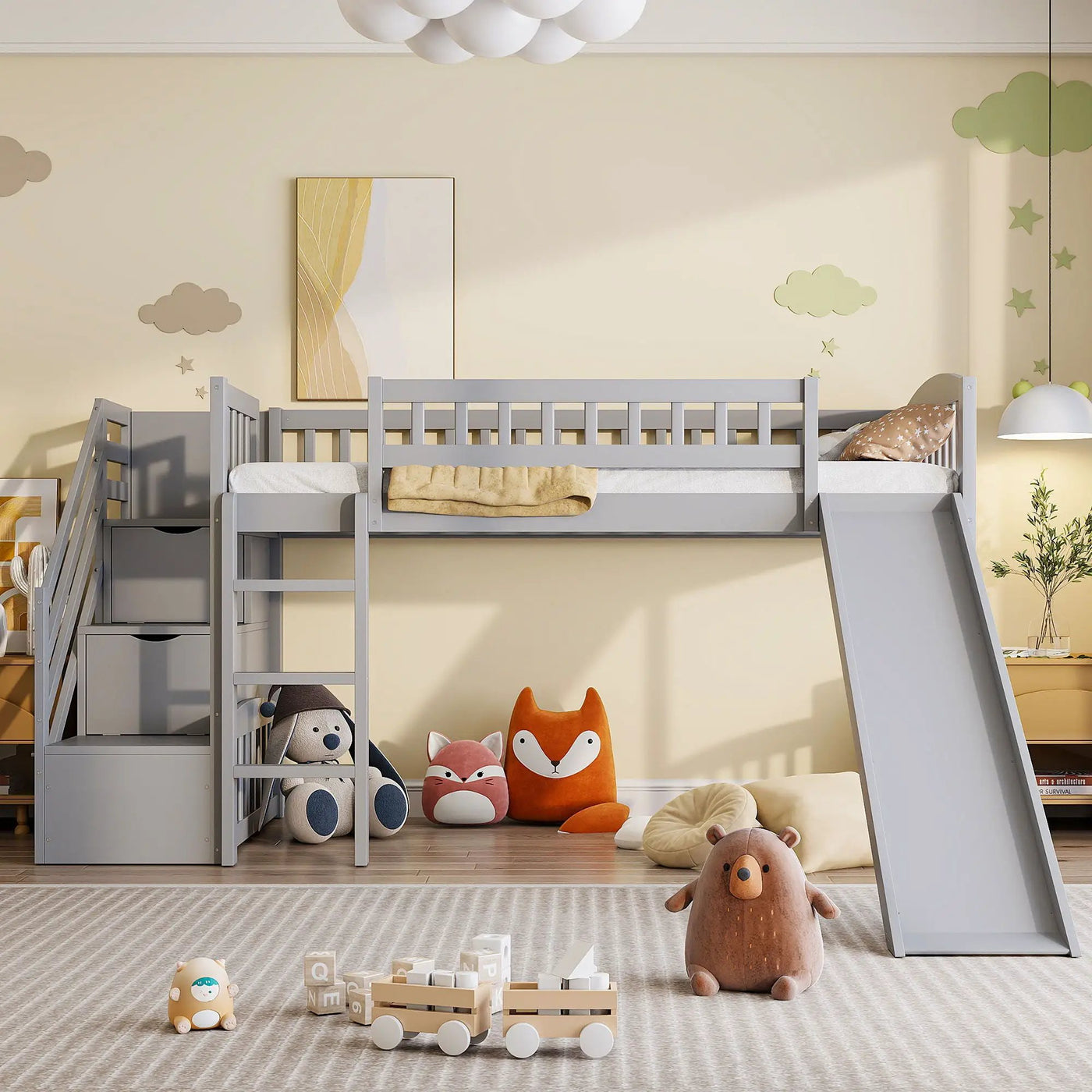 Loft Stairway Bed With 2 Drawers, Convertible Ladder And Slide by HouseOfZazla