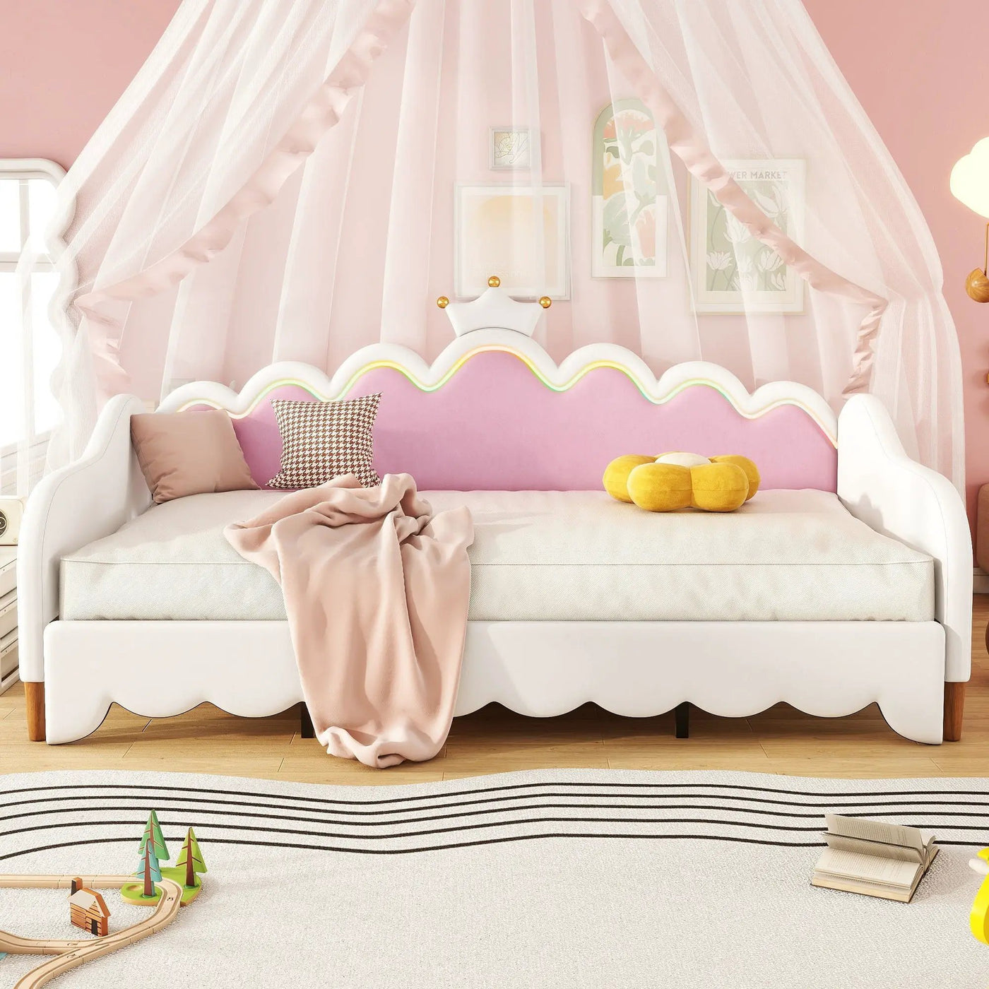 Extending Daybed With LED Lights, Modern Upholstered Princess Daybed With Crown Headboard by HouseOfZazla