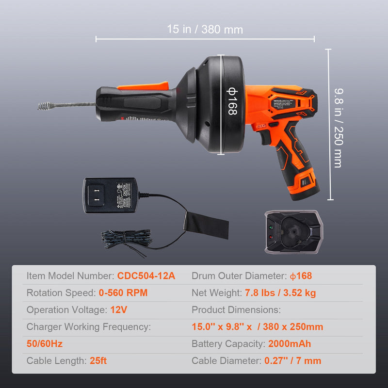 12V Electric Drain Auger, 25FT Cordless Plumbing Snake, photo 7 of 10