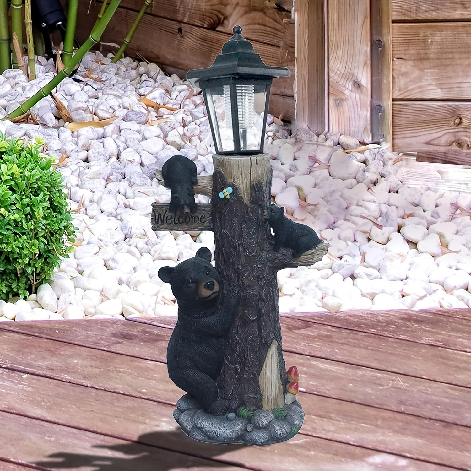 Black Bear Statue Welcome Sign Garden Statue with Solar Light by HouseOfZazla