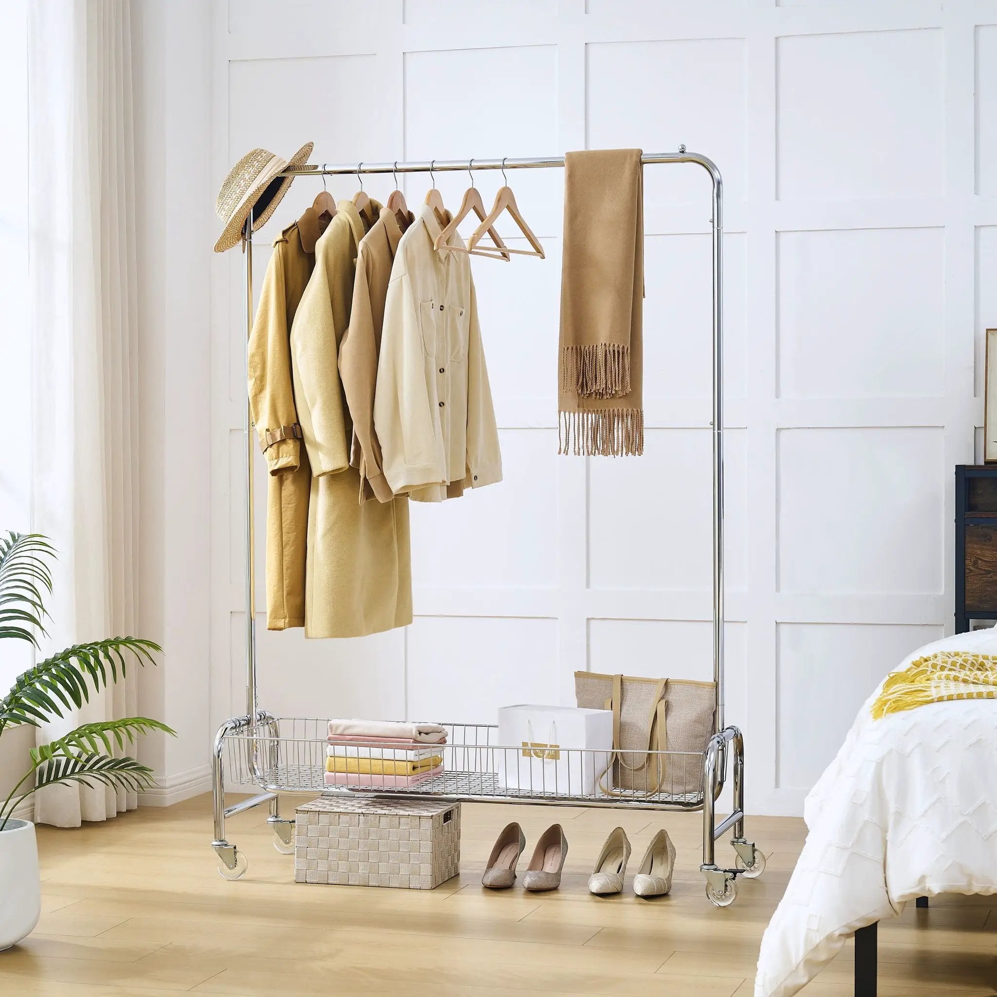 Heavy Duty Iron Garment Rack With Basket On Wheels - Silver by Unique Piece Furniture