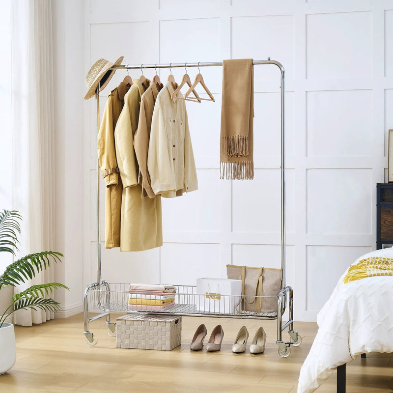 Heavy Duty Iron Garment Rack With Basket On Wheels - Silver by Unique Piece Furniture