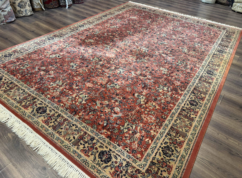 Persian Area Rug 8 x 11.6, Wool, Royal Hunting Scene, Vintage Couristan Rug, Red, Allover Pattern, Belgium Power Loomed by Jewel Rugs