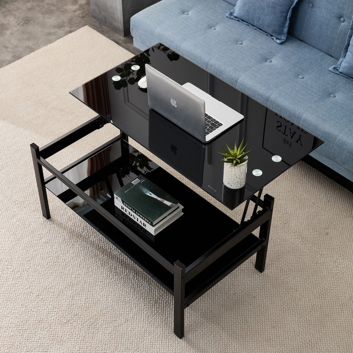 Glass Lift Top Coffee Table with Storage Shelf - Black, photo 9 of 15