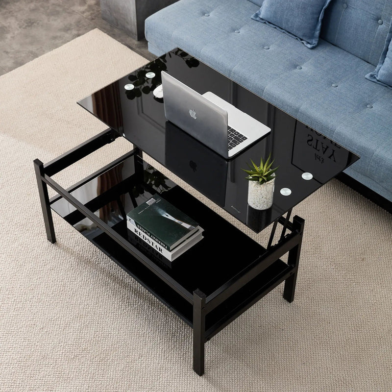 Glass Lift Top Coffee Table, Modern Simple 2-Layer Tempered Glass Coffee Table For Living Room - Black by HouseOfZazla