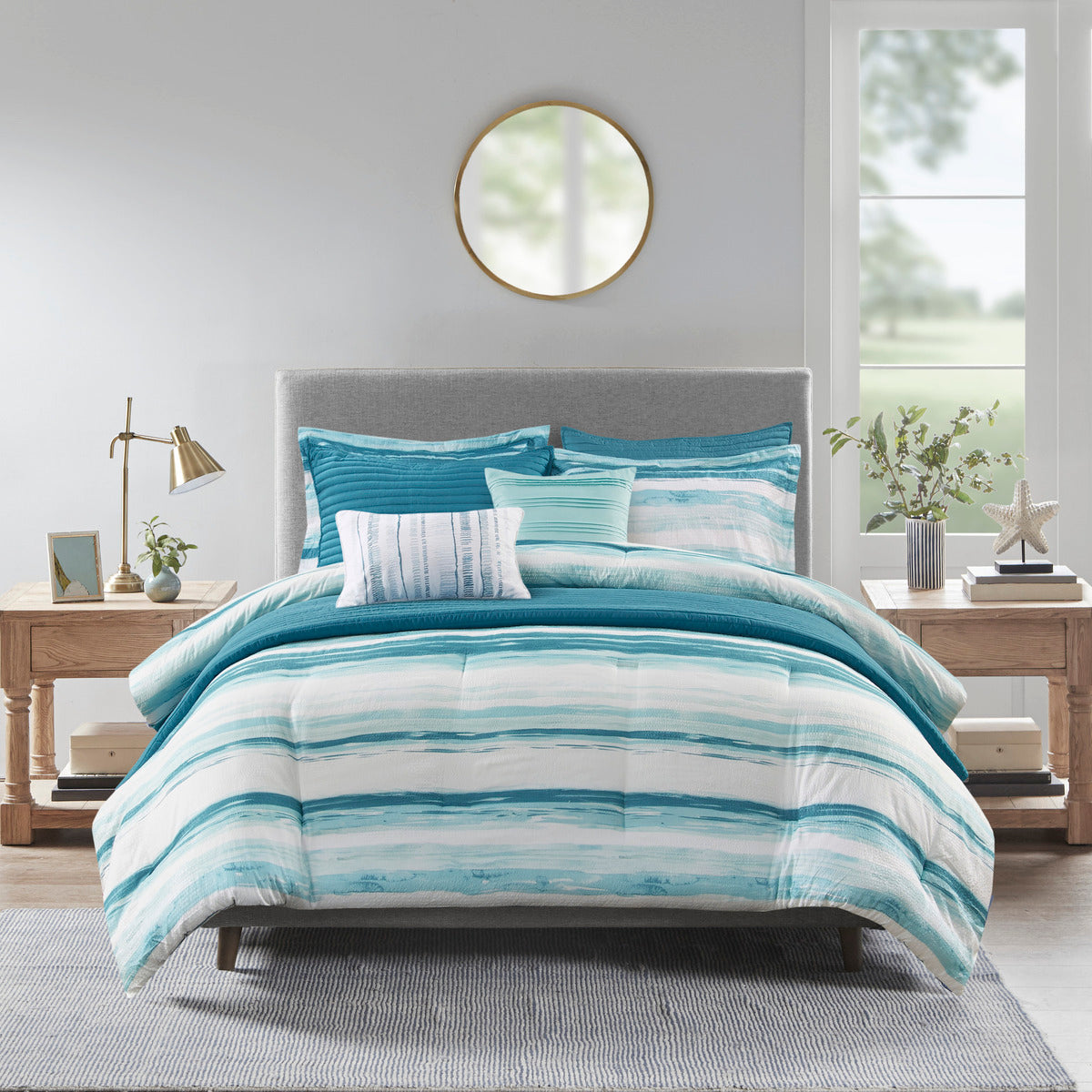 8 Piece Printed Seersucker Comforter and Quilt Set Collection Aqua Full/Queen by HouseOfZazla