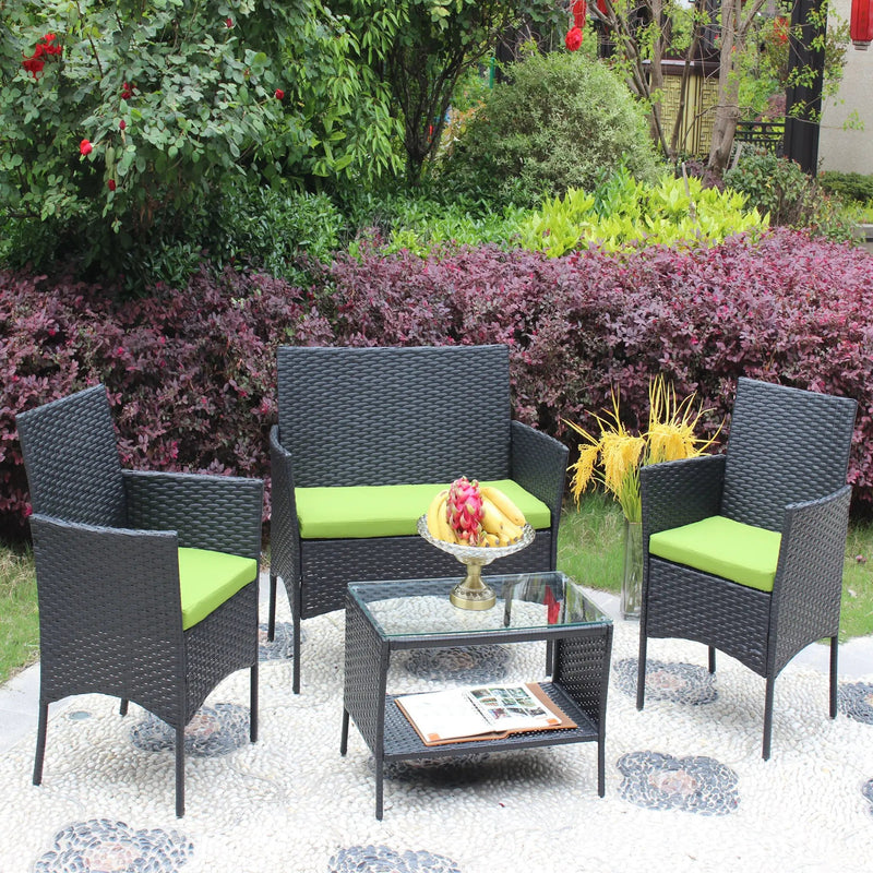 4 PC Rattan Patio Furniture Set Outdoor Cushioned Wicker Sofa Green Cushion by HouseOfZazla