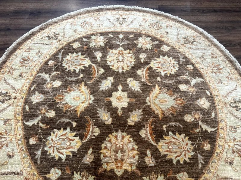 Round Pakistani Rug 6x6, Brown and Beige, Floral, Peshawar Rug, Traditional by Jewel Rugs