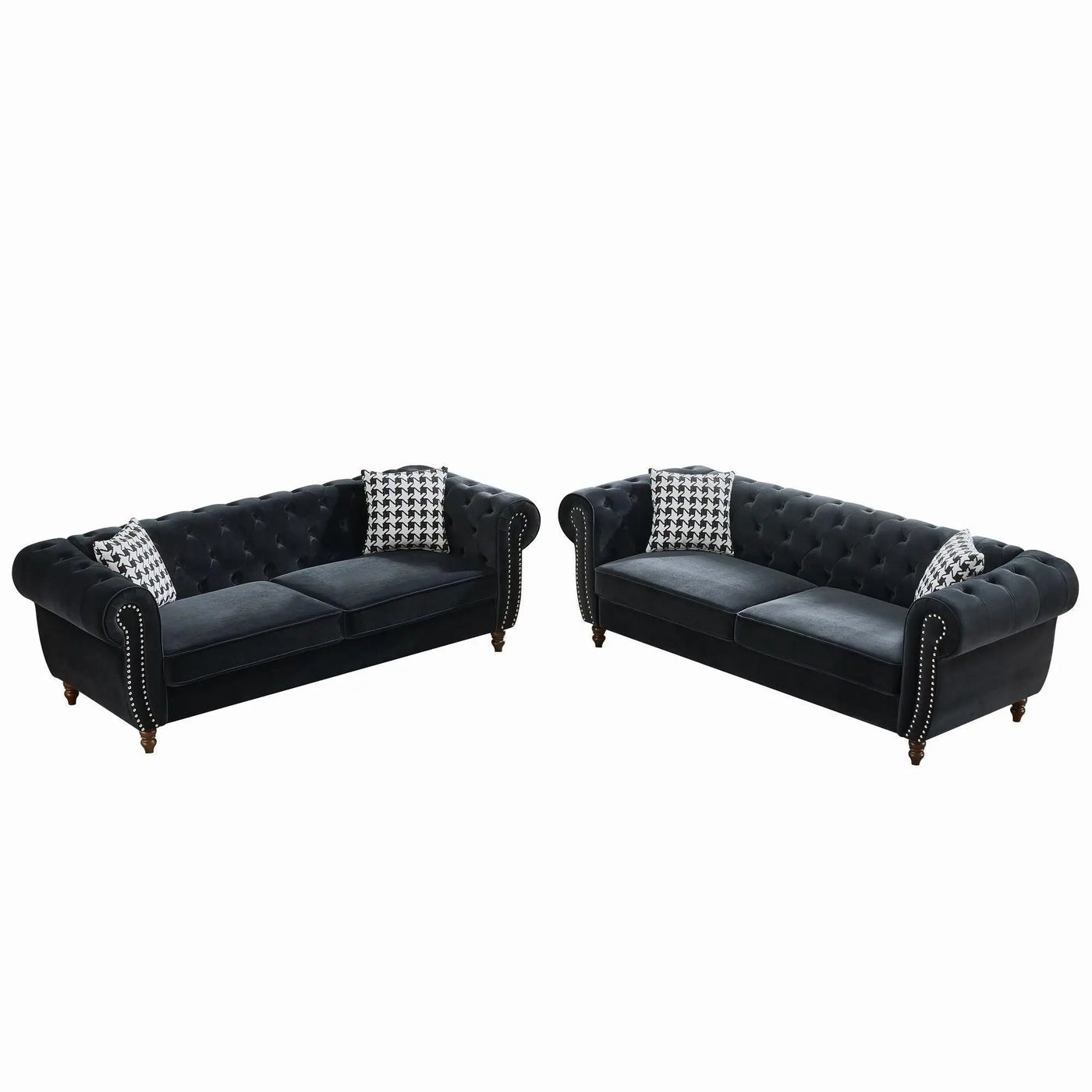 Chesterfield Upholstery Fabric Sofa With Roll Armrest & Nailhead, Mid Century Modern 3 And 3 Seater Couch by Unique Piece Furniture