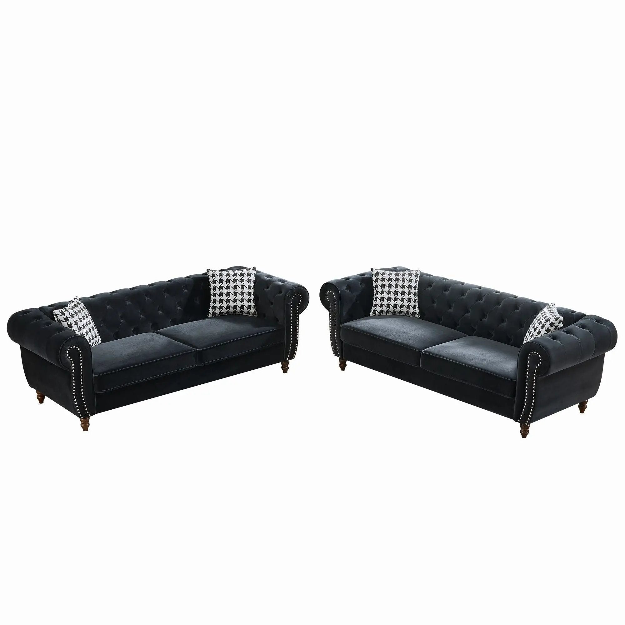 Chesterfield Upholstery Fabric Sofa With Roll Armrest & Nailhead, Mid Century Modern 3 And 3 Seater Couch by HouseOfZazla