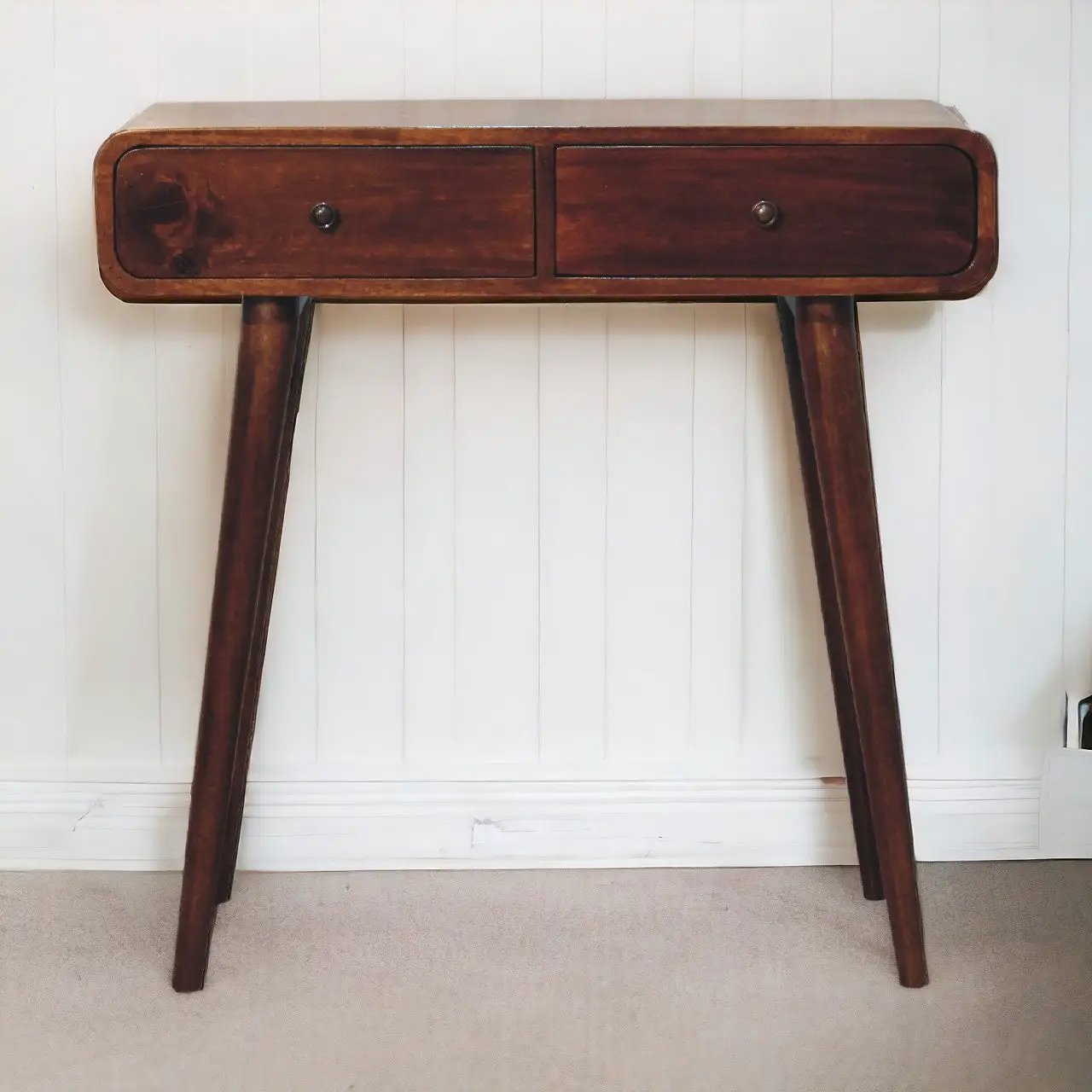 Solid Wood Chestnut Curved Hallway Table, 2-Drawers, Nordic Legs by HouseOfZazla