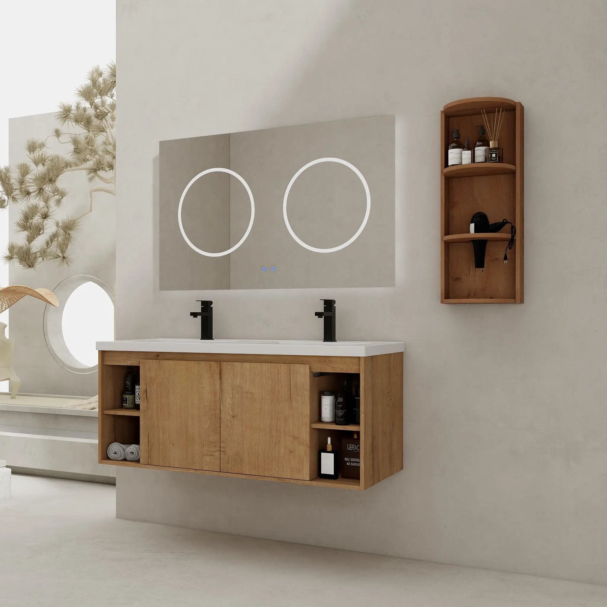 Modern 48" Wall Mounted Bathroom Vanity With Double Resin Sink And Storage Rack Soft Close Doors - Imitative Oak by HouseOfZazla