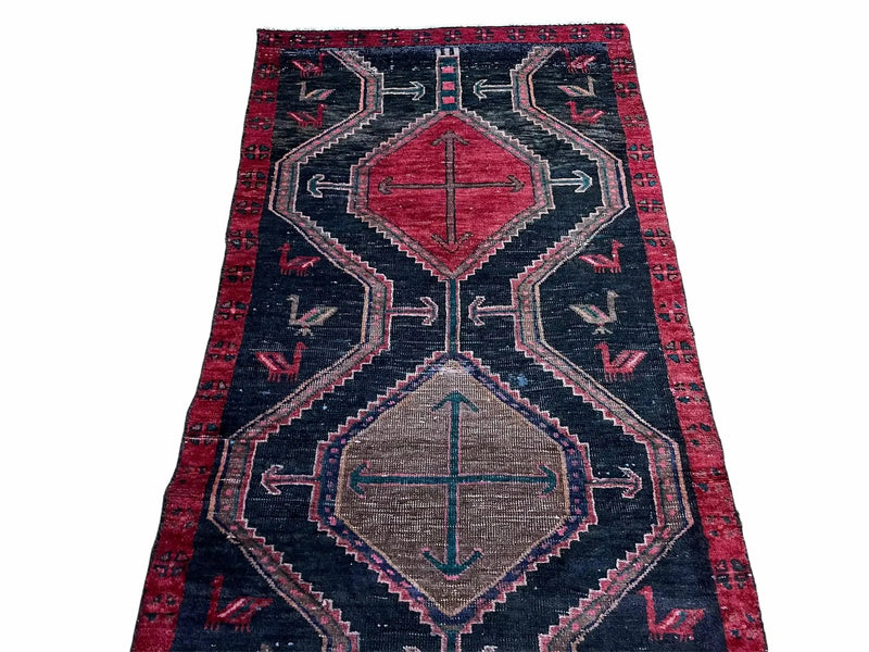 3 X 7 Handmade Wool Tribal Runner Rug Geometric Red Blue Boho Organic Dyes by Jewel Rugs