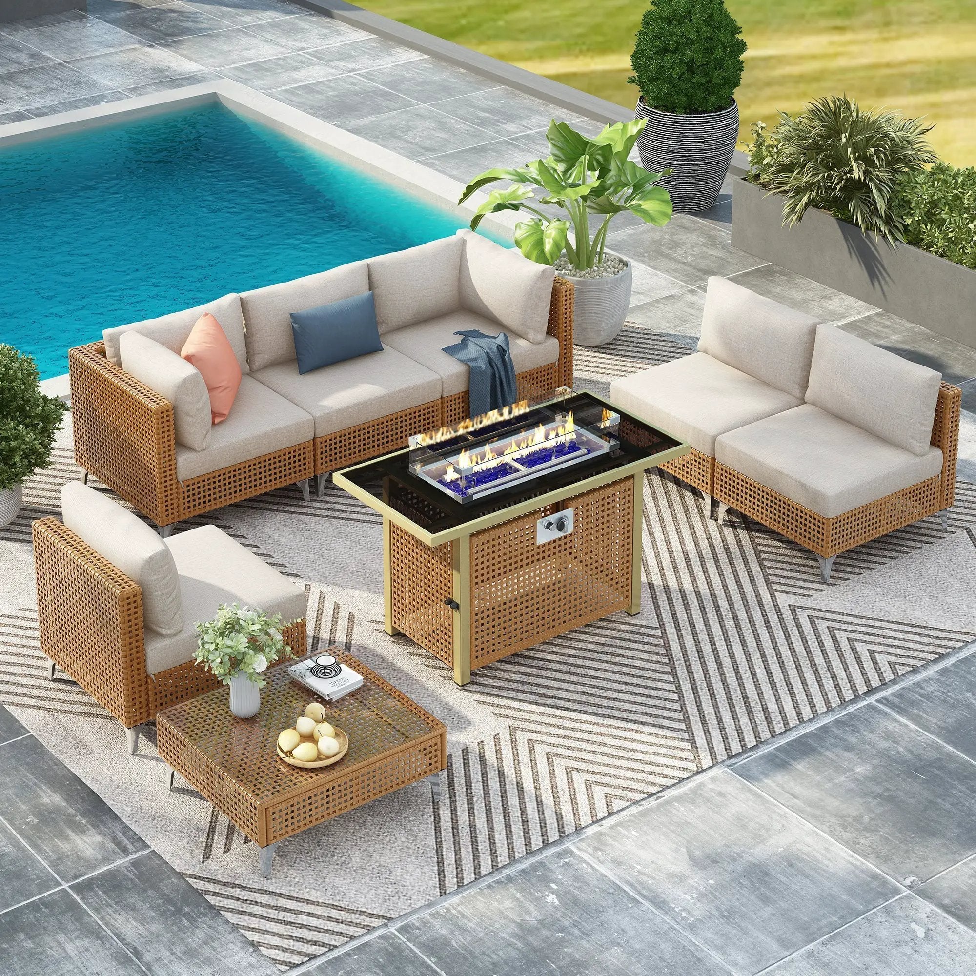 K&K 8-Piece Patio Furniture Set with Fire Pit Table by HouseOfZazla