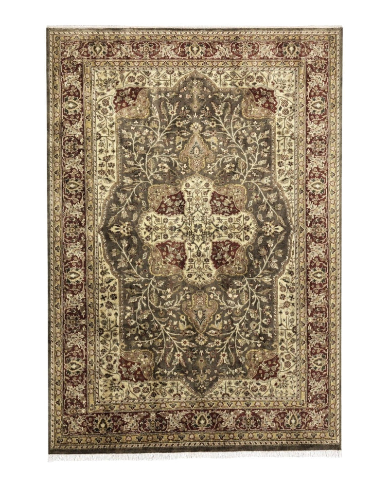 Indo Persian Rug 6x9, Wool Handmade Vintage Rug, Floral Cross Pattern by Jewel Rugs