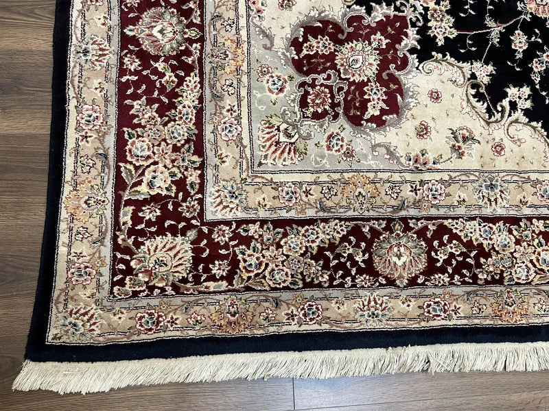 Pak Persian Rug 8.8 x 10.6, Floral Medallion, Wool and Silk Hand Knotted Fine Oriental Carpet, Elegant Rug, Black Gray Burgundy, Room Sized by Jewel Rugs
