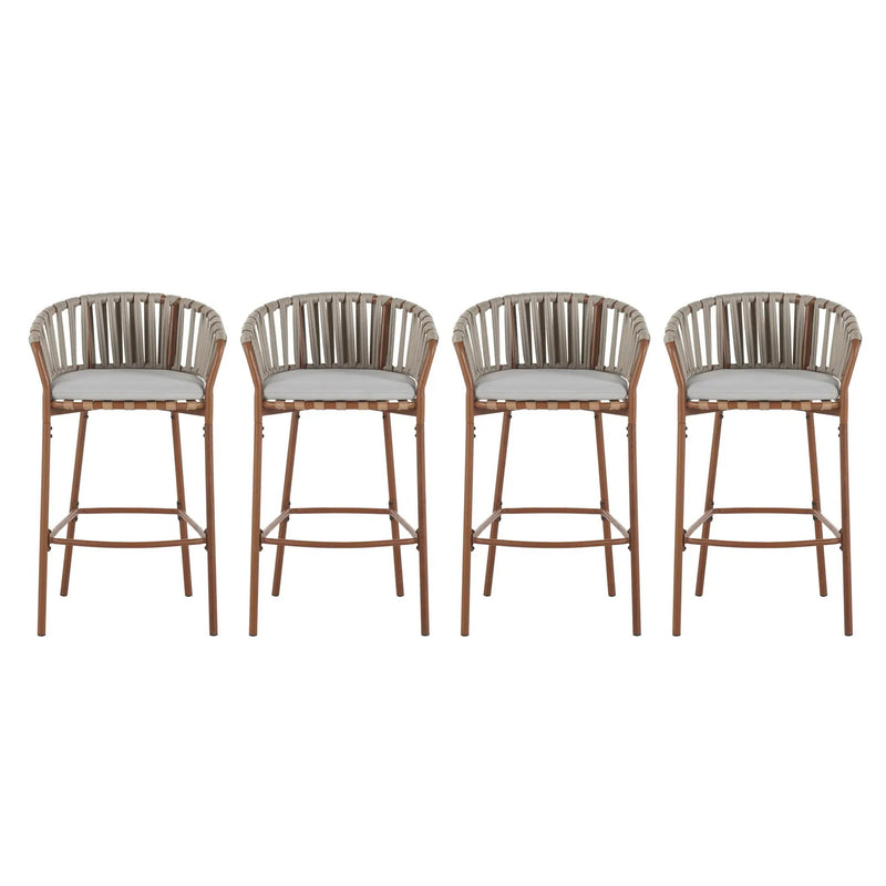 Lodi Outdoor Metal Rope Barstool, Teak Finished Frame and Beige Cushion, Set of 4 by HouseOfZazla