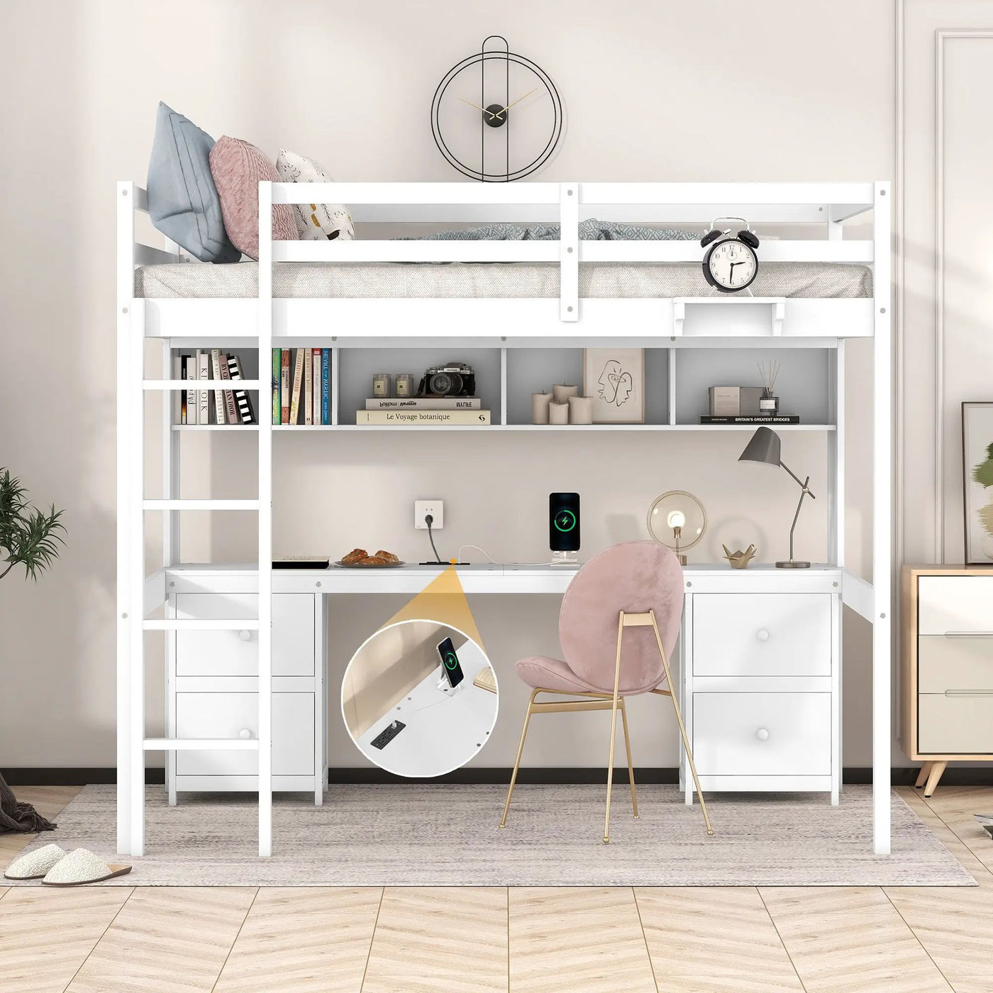 Loft Bed With Desk, Cabinets, Drawers, Charging Station And Bedside Tray by HouseOfZazla
