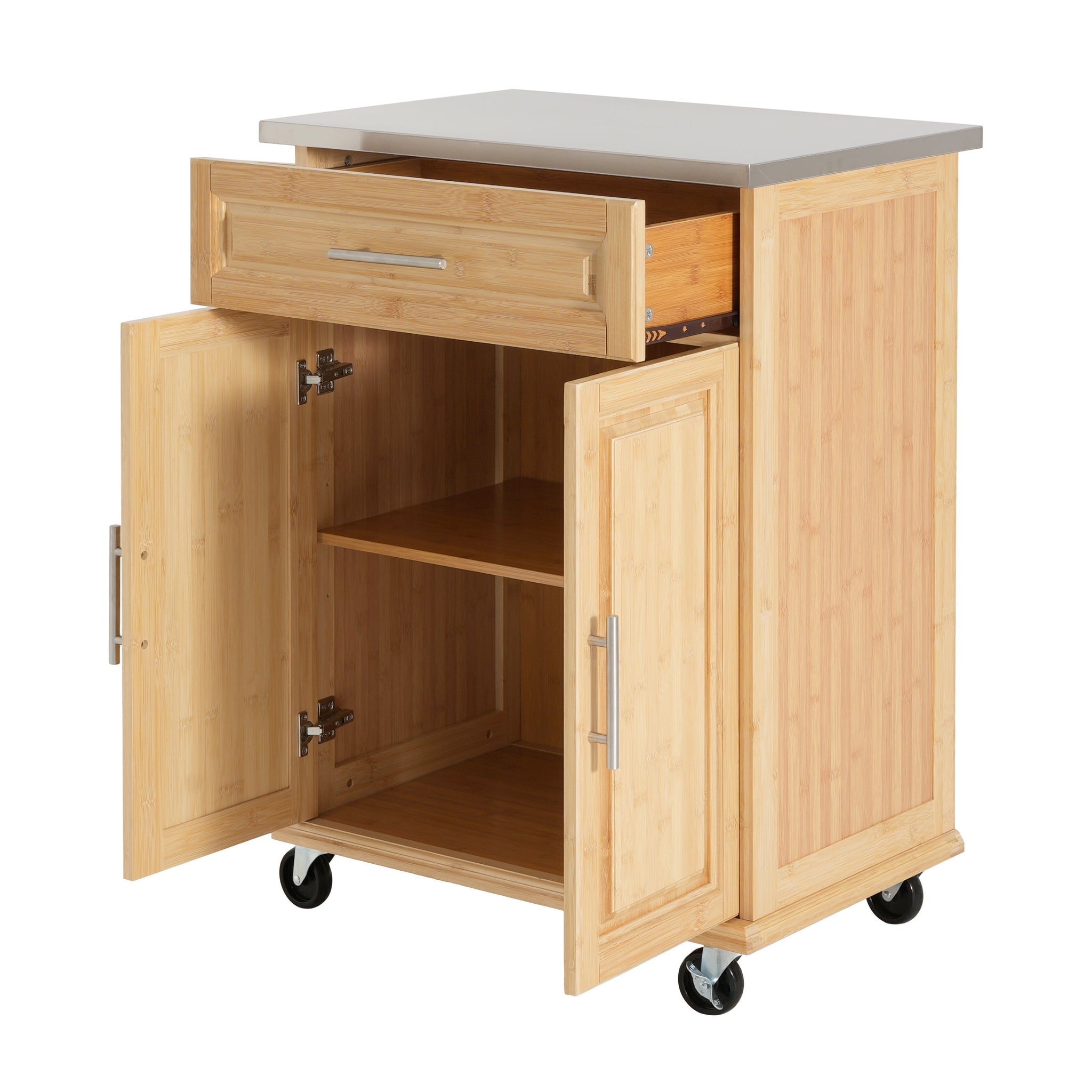 Indoor Compact Bamboo Rolling Kitchen Cart with Stainless Steel Top by HouseOfZazla