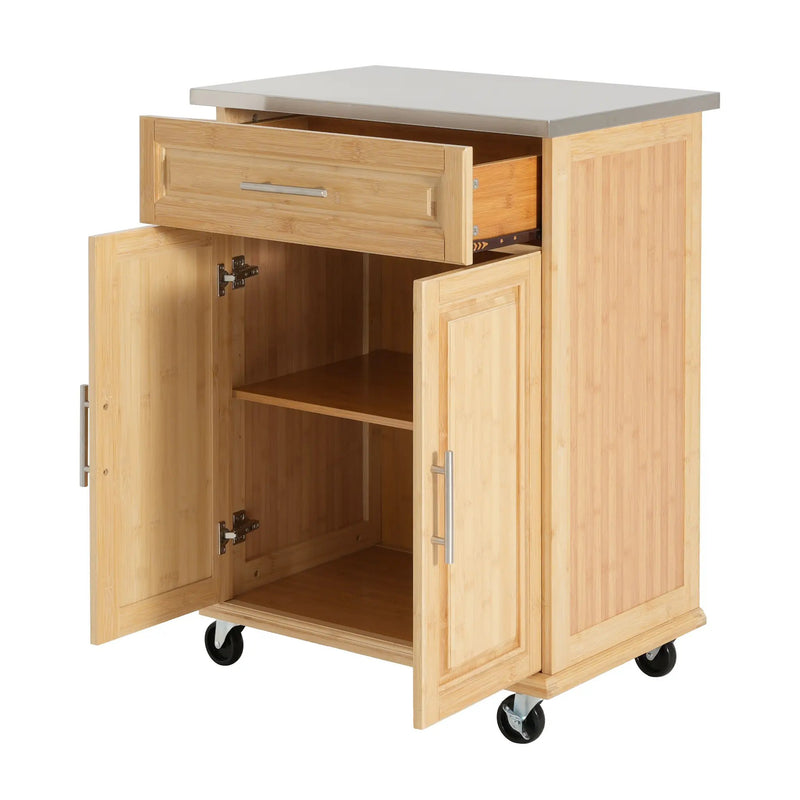 Indoor Compact Bamboo Rolling Kitchen Cart with Stainless Steel Top by HouseOfZazla