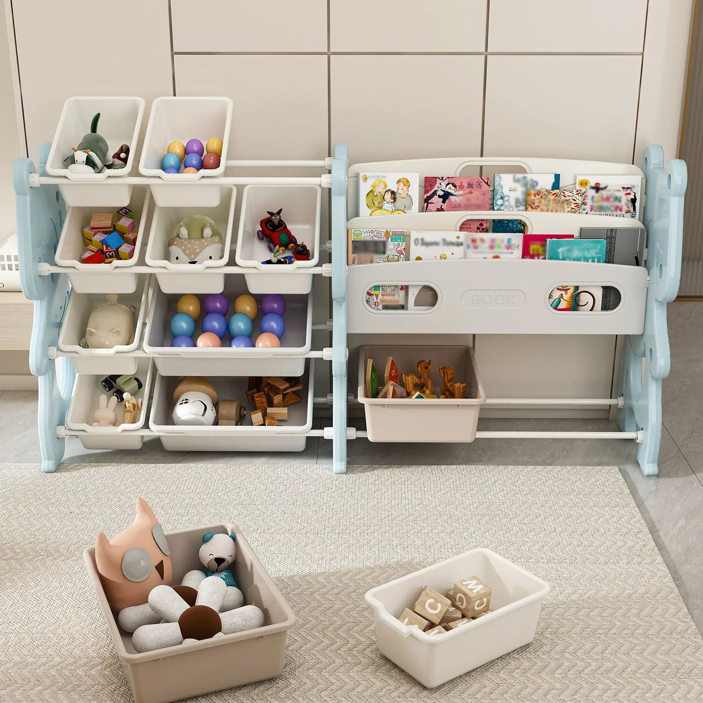 Kids Toy Storage Organizer With 2 Tier Bookshelf, Toy Storage With 12 Bins by HouseOfZazla