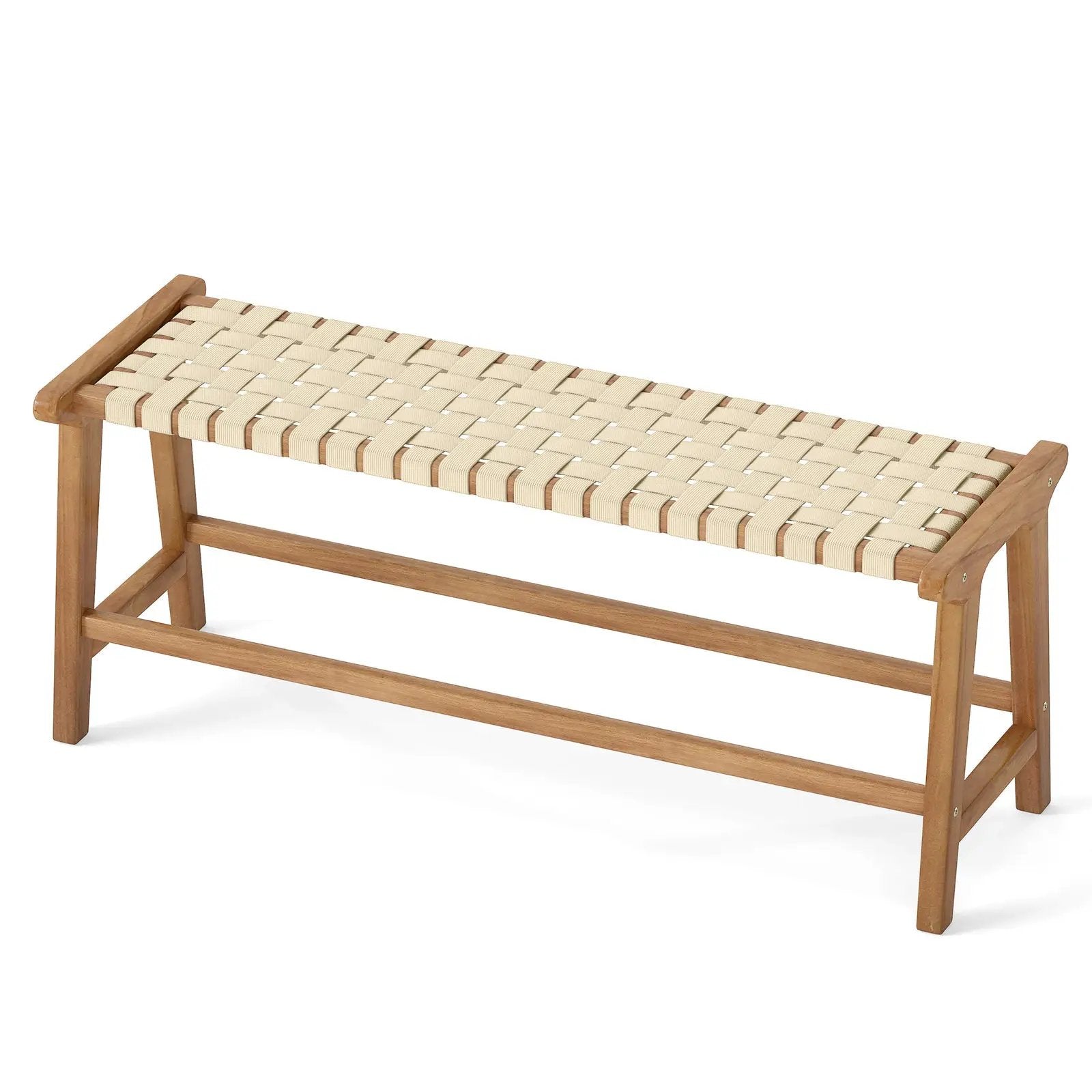 47 Inches Long Teak Wood Patio Bench with Weave Seat and Solid Wood Legs-Natural by DirectDeals