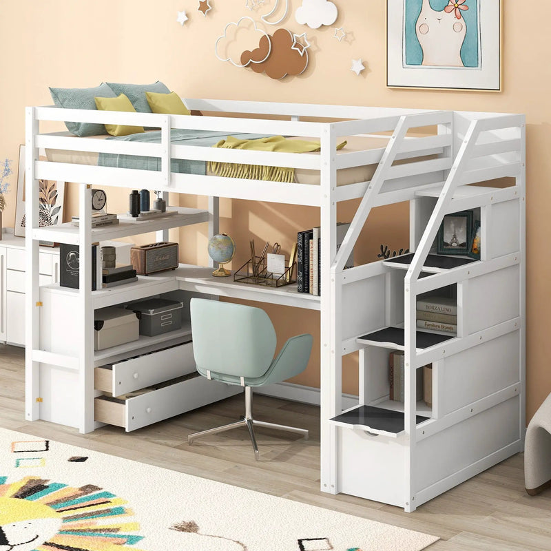 Loft Bed With Desk, Shelves, 2 Drawers, Storage Staircase by Unique Piece Furniture
