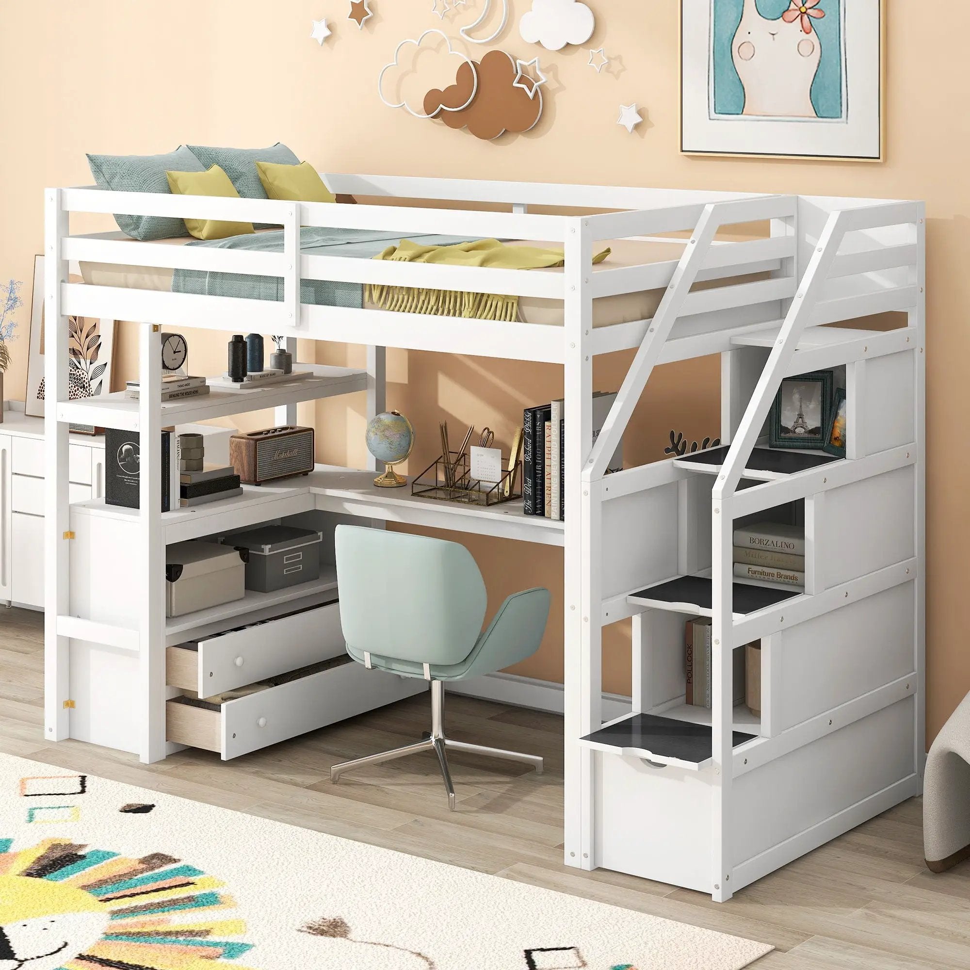 Loft Bed With Desk, Shelves, 2 Drawers, Storage Staircase by HouseOfZazla