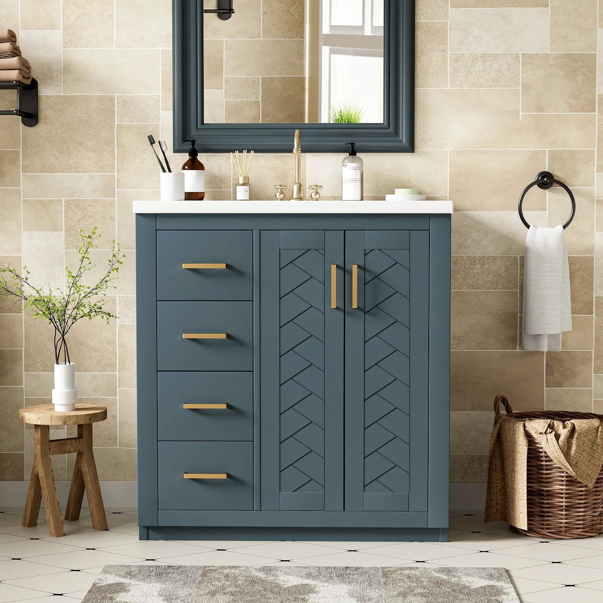 Ceramic Sink Combo, Freestanding Vanity Set With 3 Drawers & Soft Closing Doors by Unique Piece Furniture